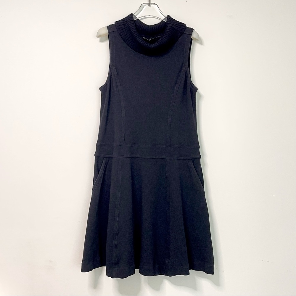 Theory Dress Sleeveless Fit Flare Ribbed Wool Collar Mock Cowl Neck Black L